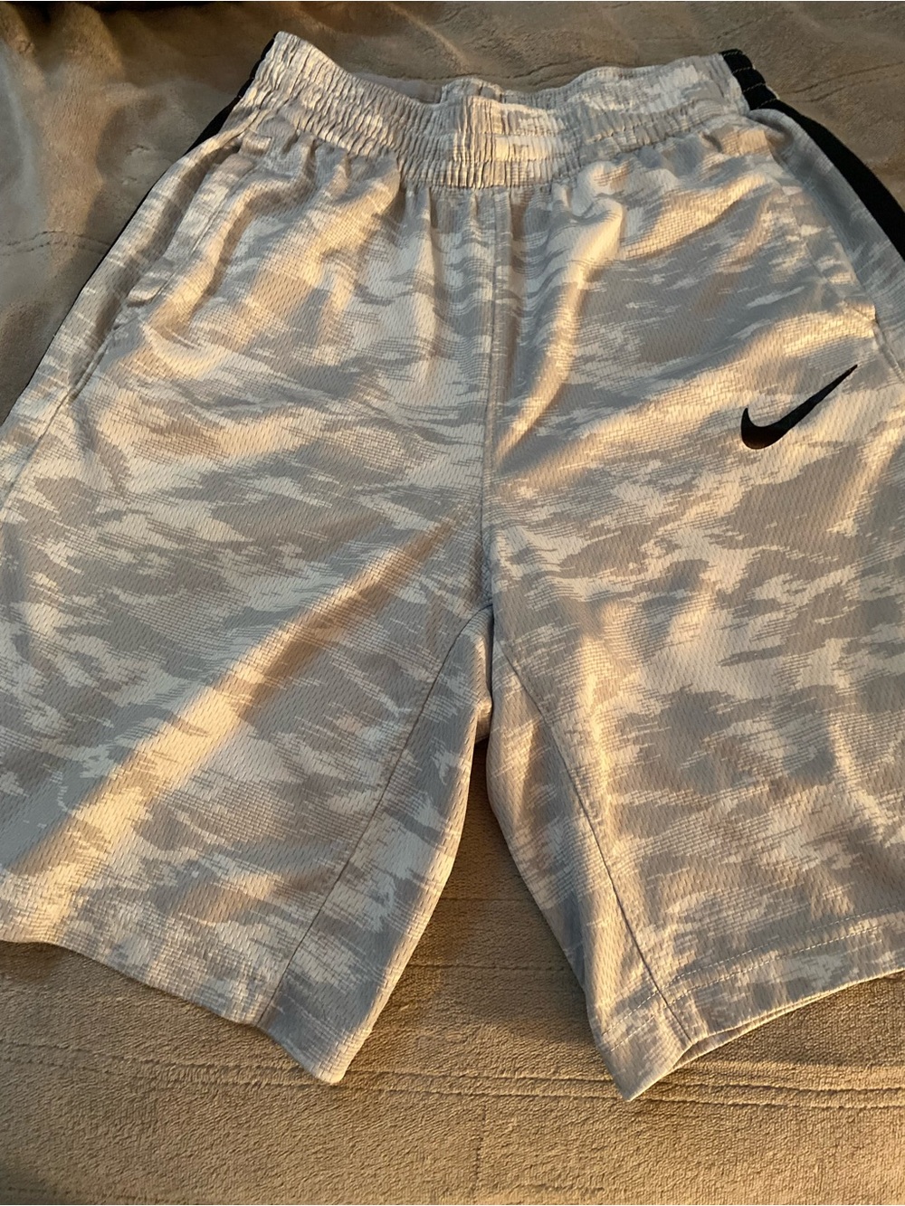 Nike Light Gray Camo Athletic Shorts with Black Swoosh